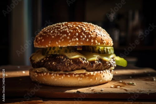 classic burger, with pickles and ketchup, on sesame seed bun, created with generative ai