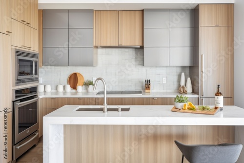clutter-free kitchen with sleek countertops, minimalist appliances, and a decorative backsplash, created with generative ai