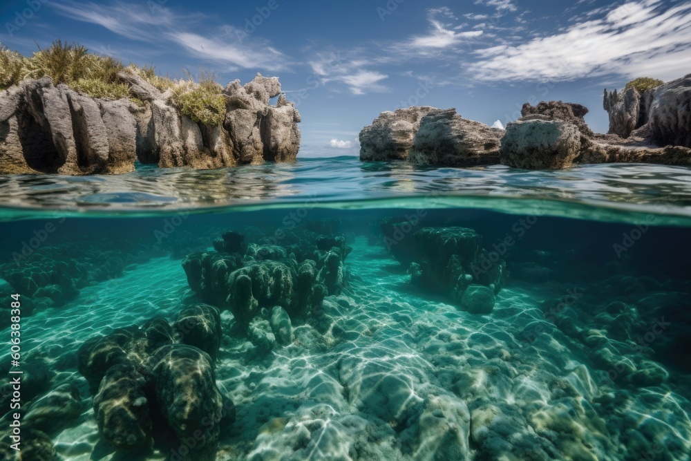 submerged rock formations in crystal-clear waters of the ocean, created with generative ai
