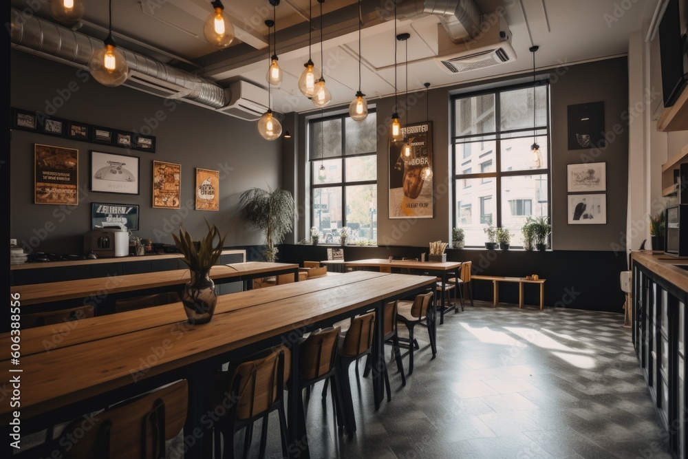 trendy coworking space with communal tables and modern decor, created with generative ai trendy coworking space with communal tables and modern decor, created with generative ai