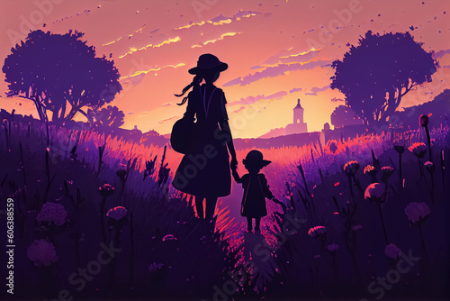 illustration of womanand little girl walking at sunset field. AI