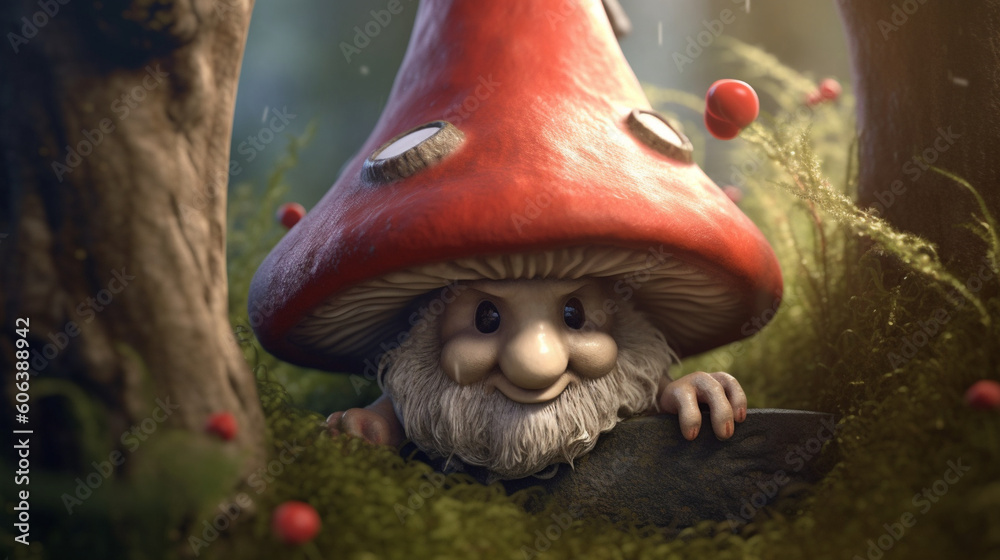 A mischievous gnome peeking out from behind a toadstool, wearing a pointy hat Generative AI