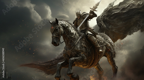 A brave knight riding a magnificent winged horse through a stormy sky Generative AI