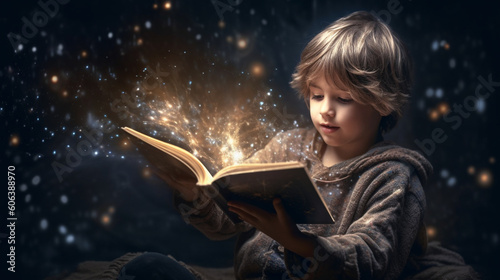 A young boy opening a magical book that releases a burst of sparkling stars Generative AI