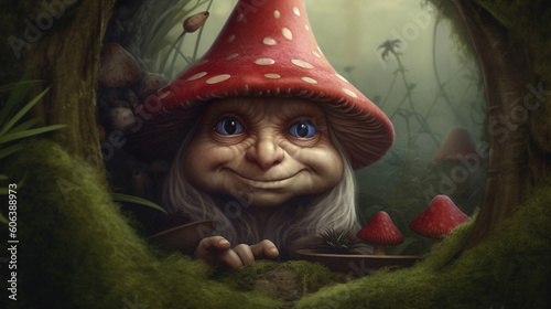 A mischievous gnome peeking out from behind a toadstool, wearing a pointy hat Generative AI