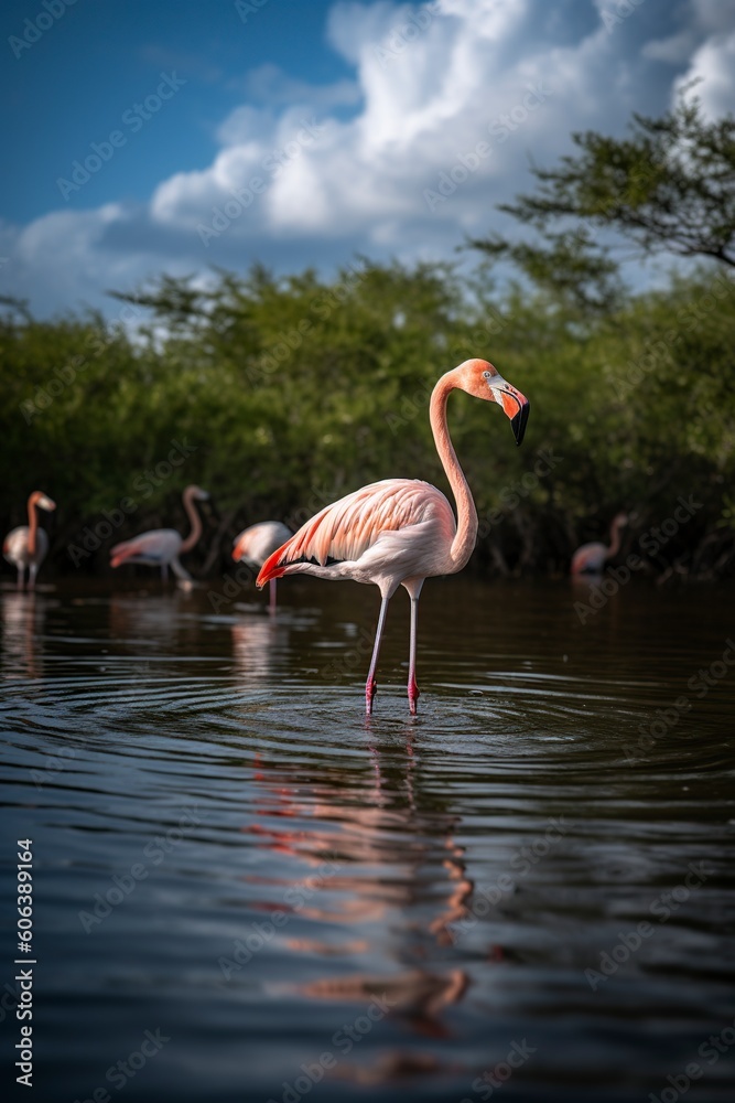 illustration, flamingo in the river, ai generative