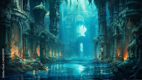 A mystical underwater city with merfolk swimming among ancient ruins Generative AI