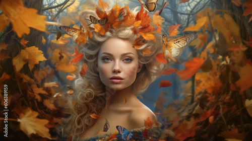 A beautiful fairy queen, surrounded by swirling autumn leaves and tiny woodland creatures Generative AI