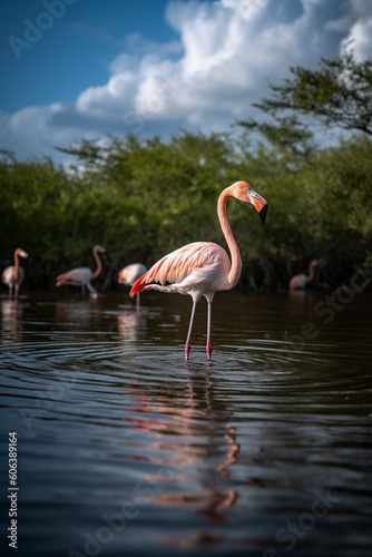 illustration, flamingo in the river, ai generative