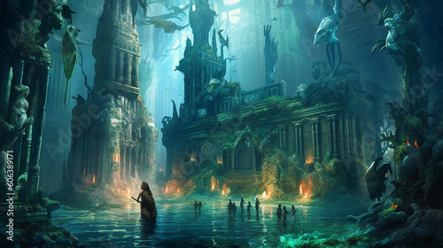 A mystical underwater city with merfolk swimming among ancient ruins Generative AI