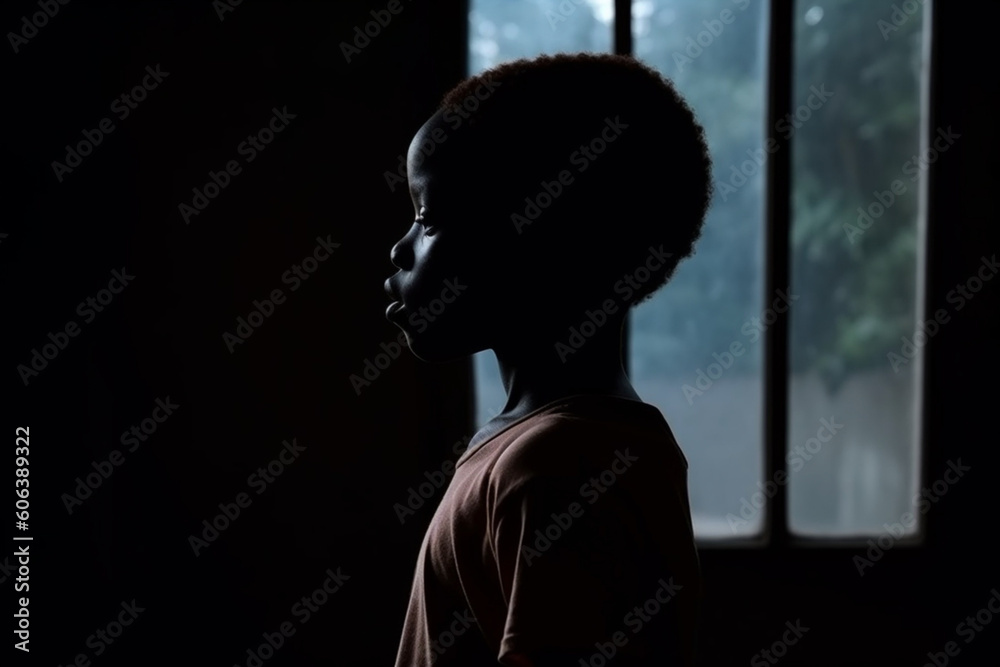 rear view of Lonely african child standing in the dark behind the window looking