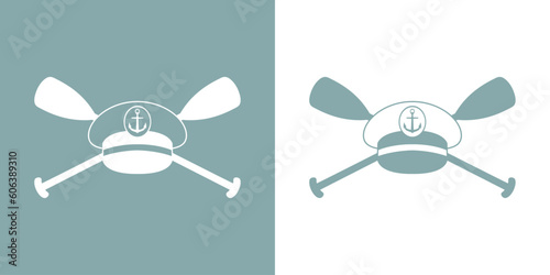 Logo nautical. Silueta de sombrero de capitán de barco con remos cruzados de kayak, canoa o paddle surf