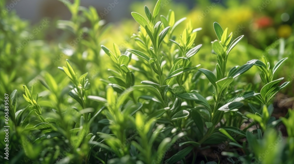 Tarragon plant growing in a lush garden, showcasing the vibrant foliage and tiny flowers Tarragon plant growing in a lush garden, showcasing the vibrant foliage and tiny flowers