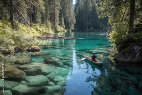 person  paddling through crystal-clear lake  surrounded by natural beauty  created with generative ai