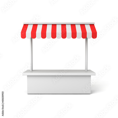 Blank market stall kiosk stand exhibition booth shop store with product shelf counter or display shop stand with red striped awning isolated on white background minimal concept 3D rendering