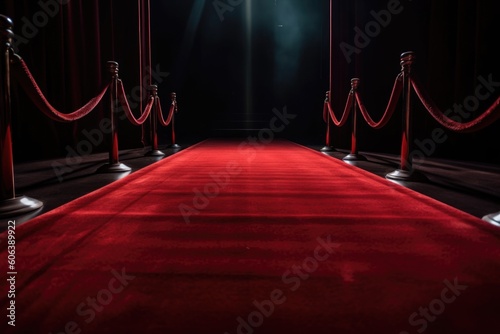 red carpet runner leading to red velvet curtain on stage, for musical performance or play, created with generative ai photo