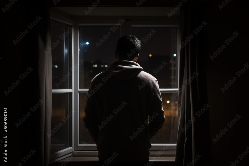 rear view of Lonely man standing in the dark behind the window looking