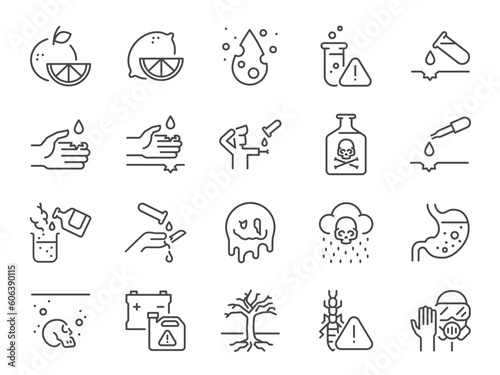 Acid icon set. It included chemical, corrosion, etching, sulfuric, acids, and more icons. Editable Stroke.
