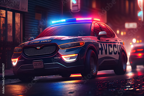 illustration of police units responds to the scene of an emergency at night . AI