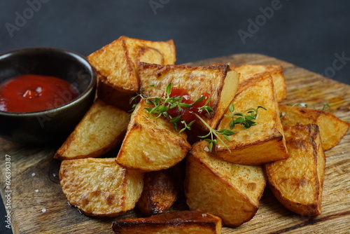 Baked, fried  potato wedges with spices and rosemary