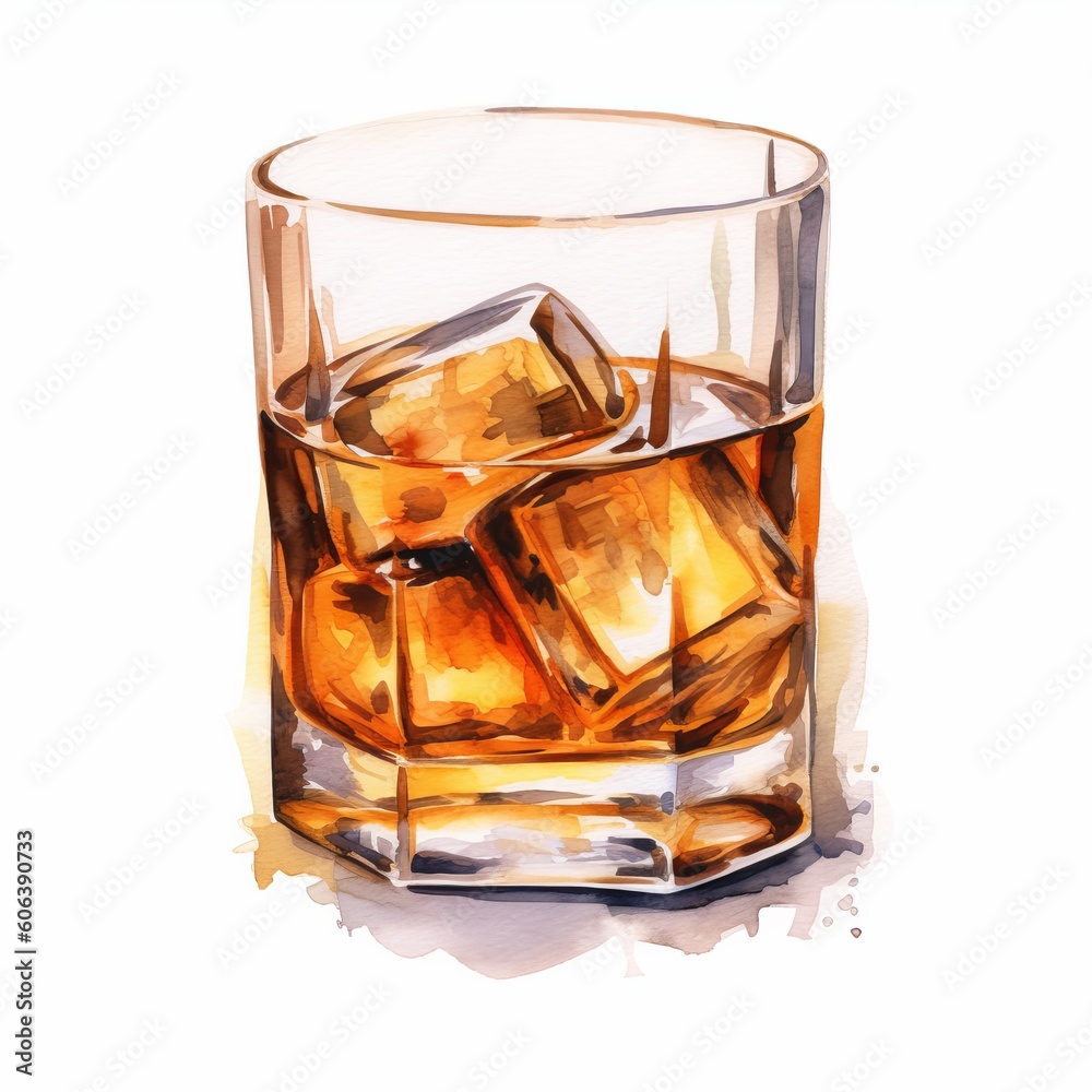 glass with whiskey and ice, watercolor style Generative AI