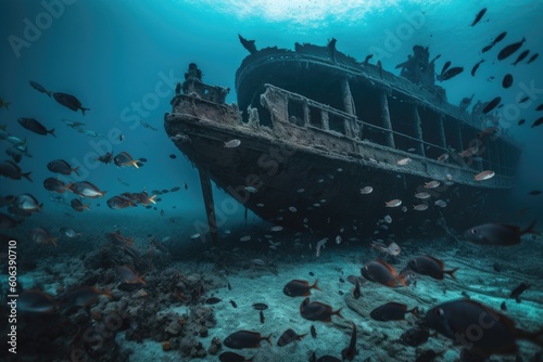 shipwreck surrounded by schools of fish swimming among shattered pieces of the ship, created with generative ai
