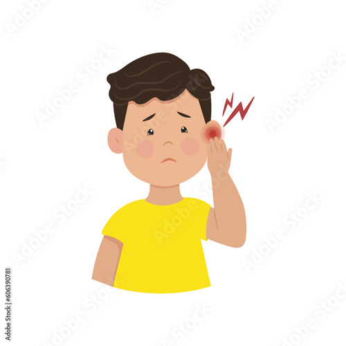Pain in the ear. An upset boy is holding his ear. Childrens ear infection. Vector illustration. Kid diseases.