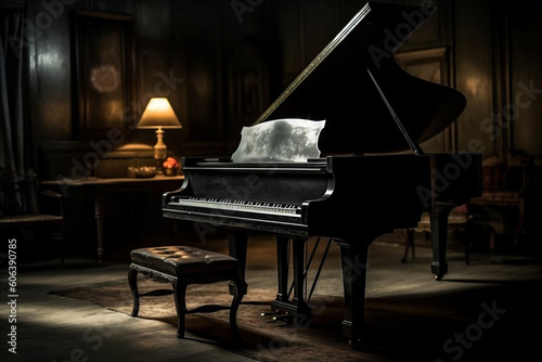 Grand piano in dark room with only dim light. Vintage music background. AI generated.