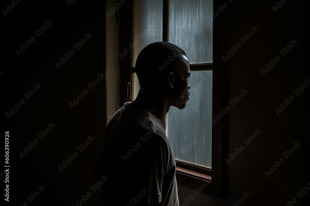 rear view of Lonely african man standing in the dark behind the window looking
