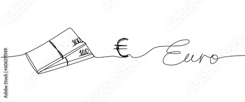Money savings, bank, euro, money, banknote one line art. Continuous line drawing of bank, financial, payment, data, economic, wealth credit with an inscription, lettering, handwritten.