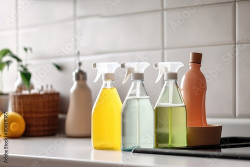 homemade cleaning products being used to keep kitchen sink and counters spotless, created with generative ai