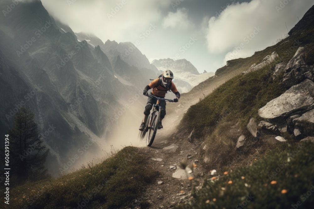 extreme mountain biker riding down steep and rocky slope, created with generative ai extreme mountain biker riding down steep and rocky slope, created with generative ai