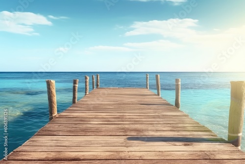 Wooden empty pier on the blue tropical sea. sunny summer day, peaceful and quite place, travel destination. generative AI © matteo
