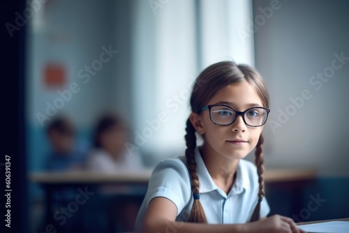 child girl school portrait student education happy elementary pupil friend young kid class classroom, created using generative ai technology