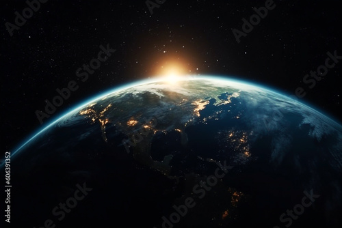 Blue planet, Earth in cosmic space. Galaxy, cosmos, space background. Generative AI. © Oksana Kumer