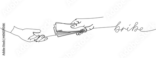 Bribe, money in hands, give and receive money one line art. Continuous line drawing of bank, financial, payment, data, economic, wealth credit with an inscription, lettering, handwritten.