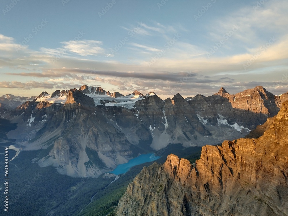 Aerial shot of the East Ridge of Mount Temple in Banff National Park, Alberta, Canada.