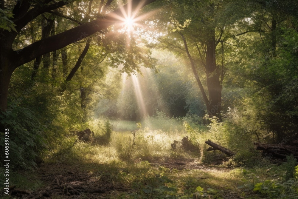 rural setting with sunbeams shining through the trees, created with generative ai