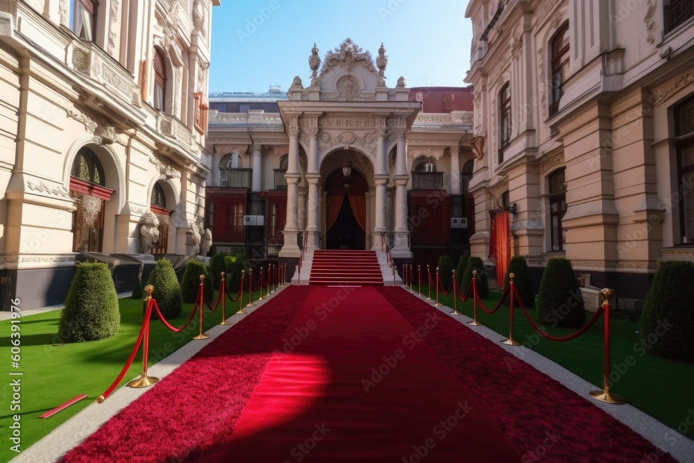 Φωτογραφία red carpet leading to the entrance of a grand building, such as a palace or cath