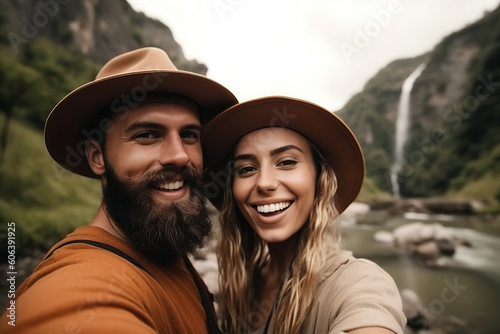 happy couple in love smile while taking selfie on smartphone while traveling in nature in mountains. Generative AI © alexkoral