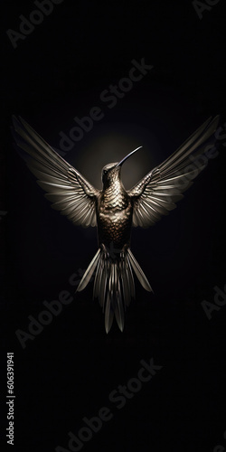 Silhouette of a flying hummingbird on a black background