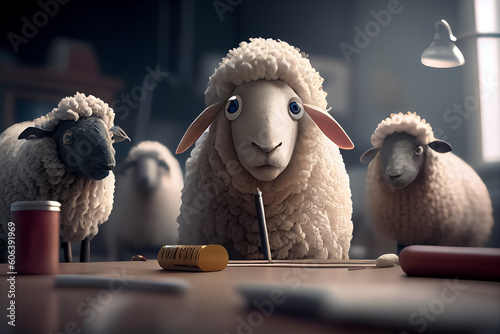 illustration of sheep sit at school in the classroom stupid students . ai