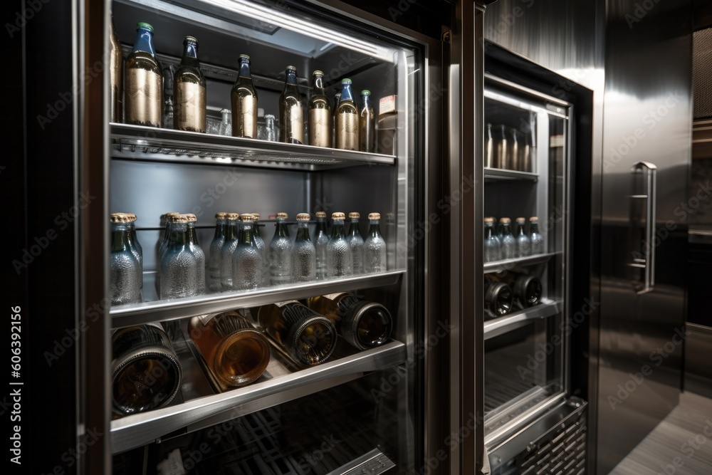 close-up of sleek and modern walk-in refrigerator, with bottles and cans visible, created with generative ai