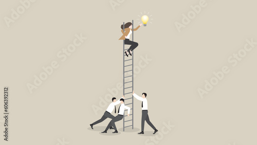 A businesswoman sits on a ladder and grabs a light bulb with a support team. Business challenge, motivation, opportunity, investment, ambition, intention, reach target, goal, idea and success concept.