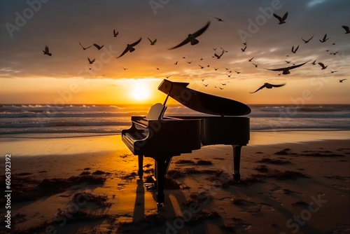 Grand piano sitting on beach ay sunset with waves crashing coast and flock of birds. AI generated © Oksana Kumer