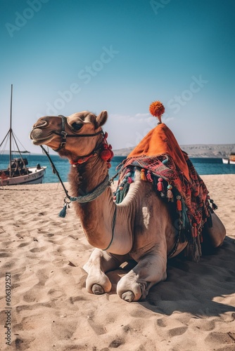 an illustration, sandy beach with camels in egypt, ai generative