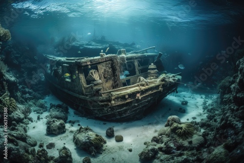 shipwreck that has been discovered and explored, with artifacts and treasures waiting to be found, created with generative ai © Natalia