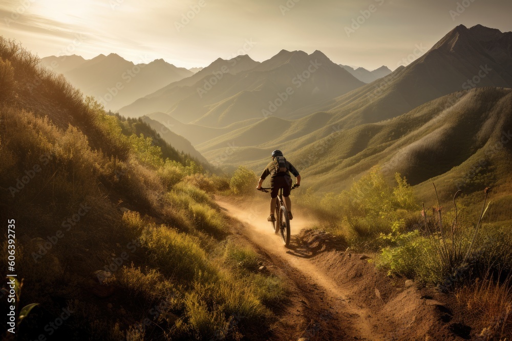 person, riding their mountain bike down winding dirt path, with majestic mountains in the background, created with generative ai