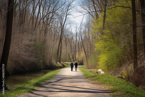 Sugarland Run Stream Valley Trail hike in Herndon Virginia Fairfax county in spring with paved path road and silhouette of couple walking photo