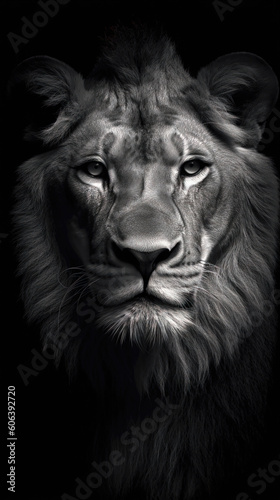 Portrait of a lion on a black background. Black and whit